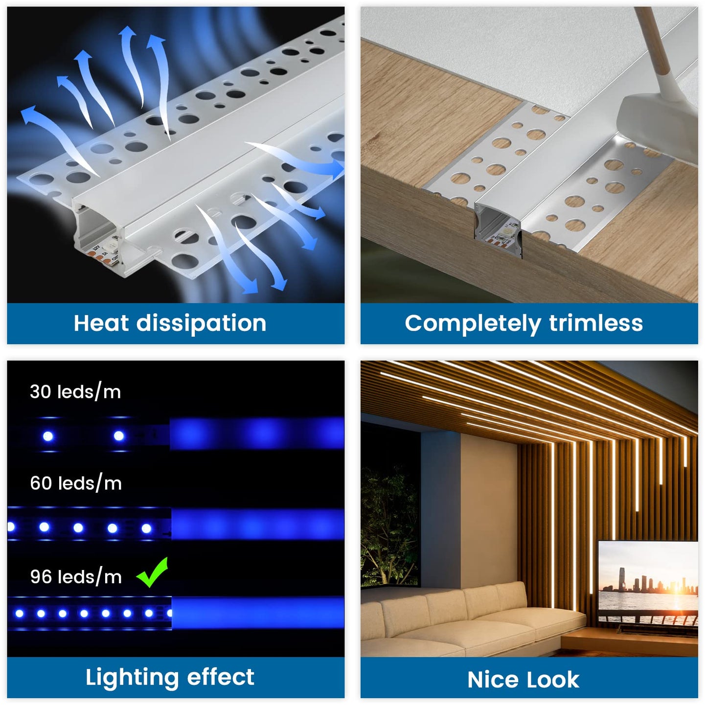 Muzata Led Strip Diffuser Channel, 5Pack 3.3Ft/1M, Aluminum, White, Model Mzz563, Trimless For Drywall Ceiling Wall