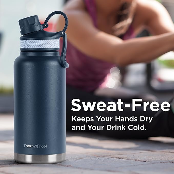 ThermoProof Double-Walled Vacuum Insulated Stainless Steel Water Bottle - Wide Mouth Canteen with Spout & Straw Lids, Dishwasher Safe, Reusable, Leakproof, BPA-Free - 32oz, Fresh Mint