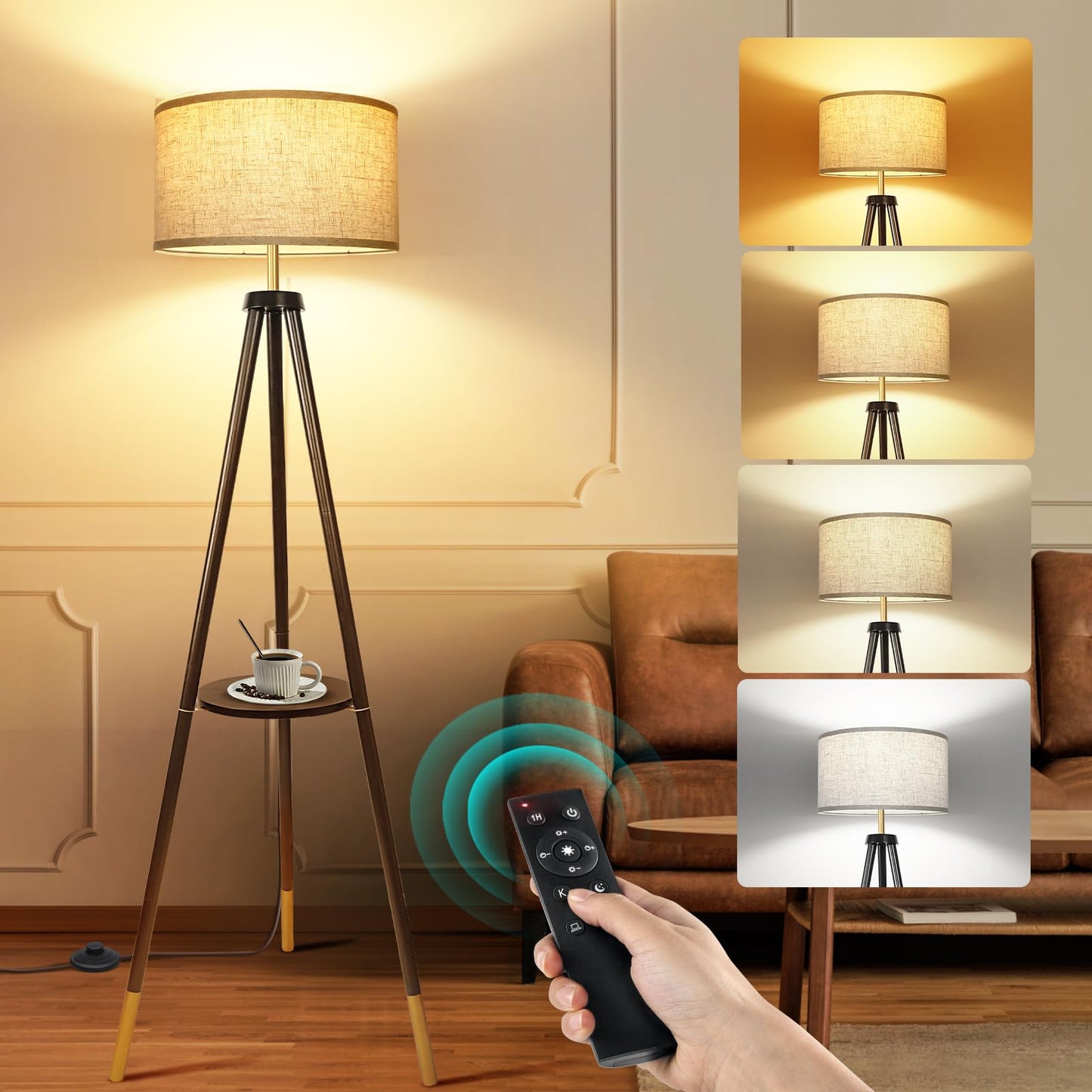 OUTON Wood Tripod Floor Lamp with Remote Control, Dimmable LED, 4 Color Temperatures, Black & Gold
