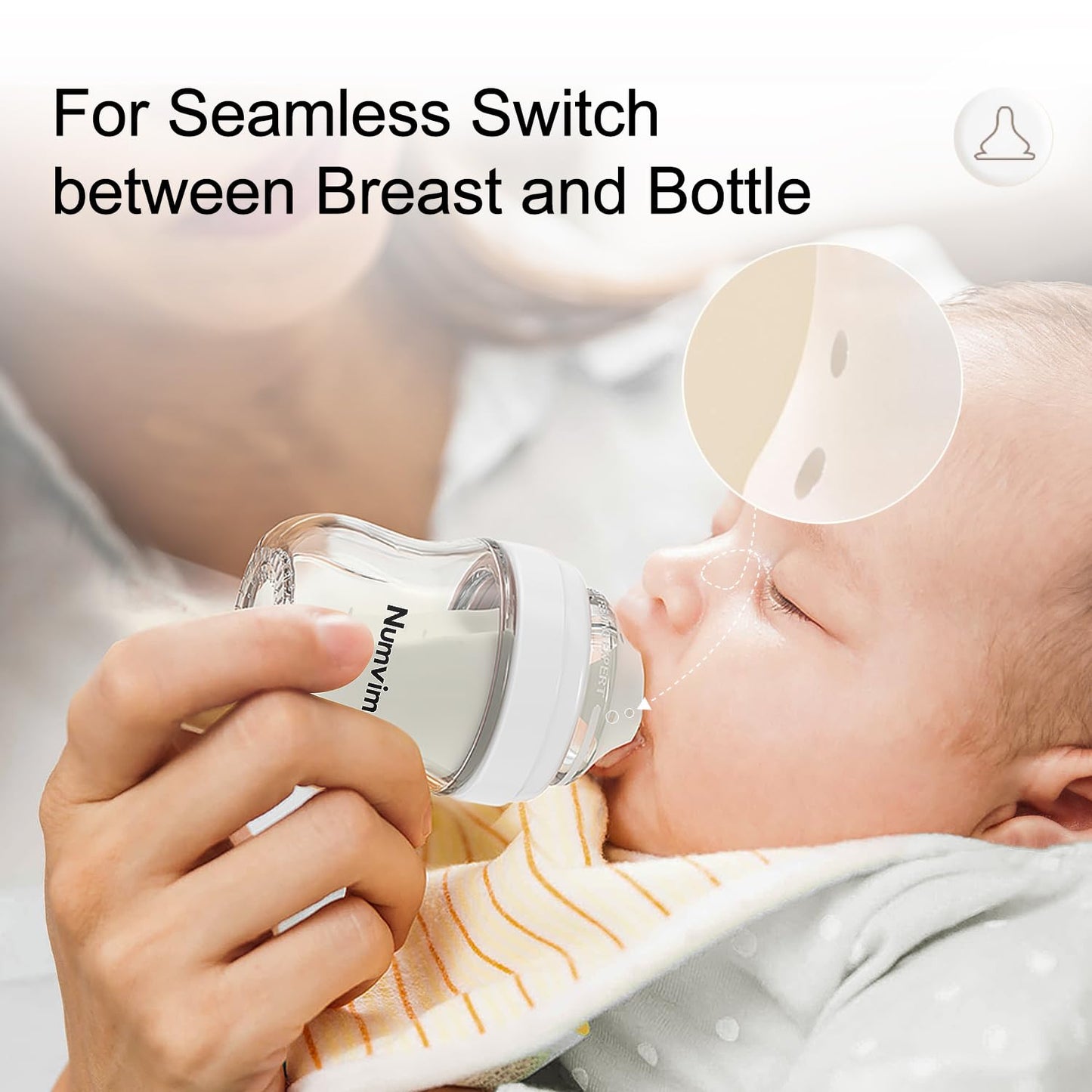 Numvim Natural Glass Baby Bottle Gentle & Extra Slow Flow, Newborn Breastfeeding Bottle with Anti Colic Nipple for 0 Months Babies, Includes S Nipples, (5Oz, 2 Packs)