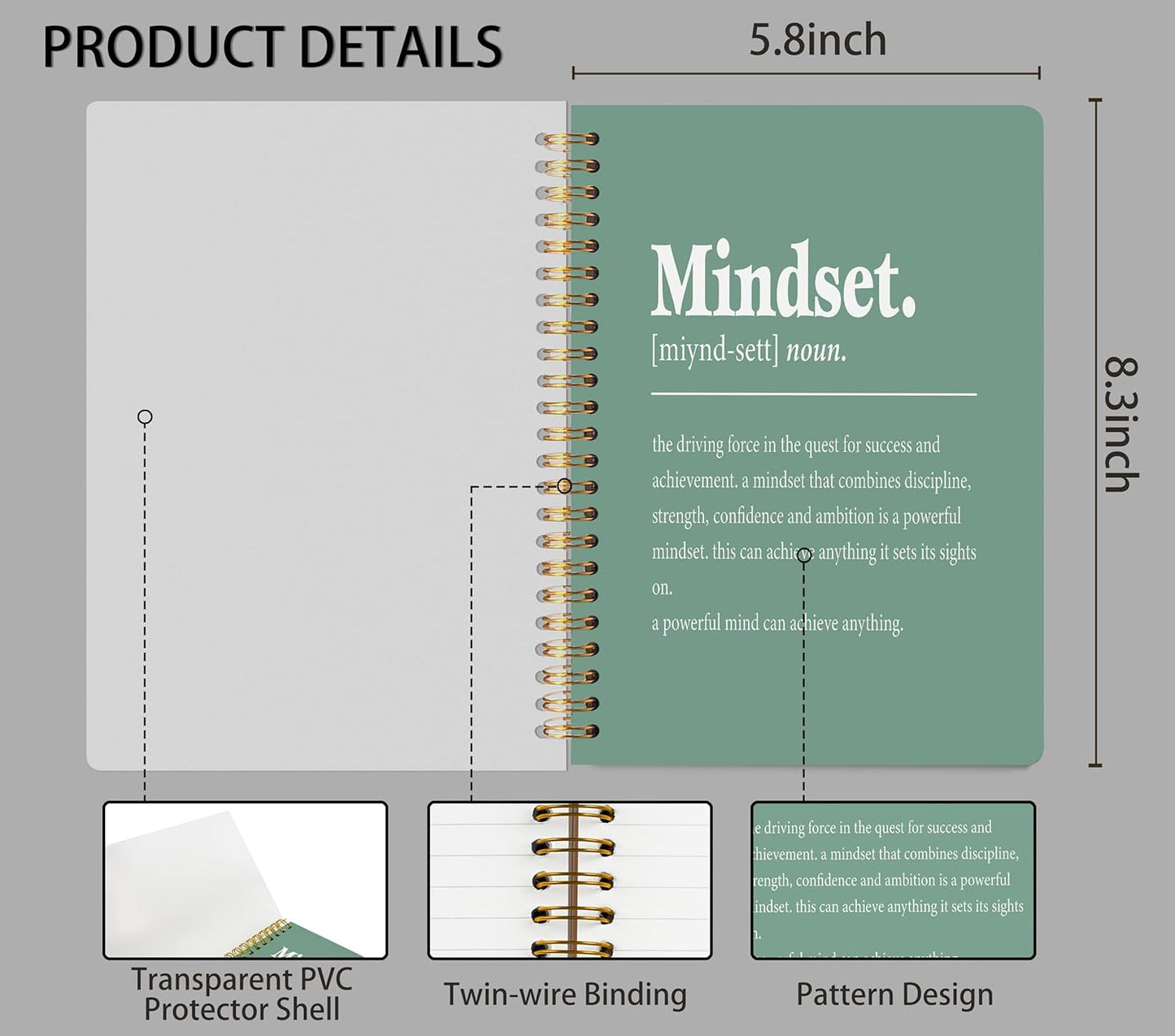 Knibeo Mindset Inspirational Notebooks Journal - Anti Anxiety Notebook, 5.5×8.3 Inch Inspirational Spiral Bound Notebook with 164 Pages, College School Supplies(green) pvc notebook