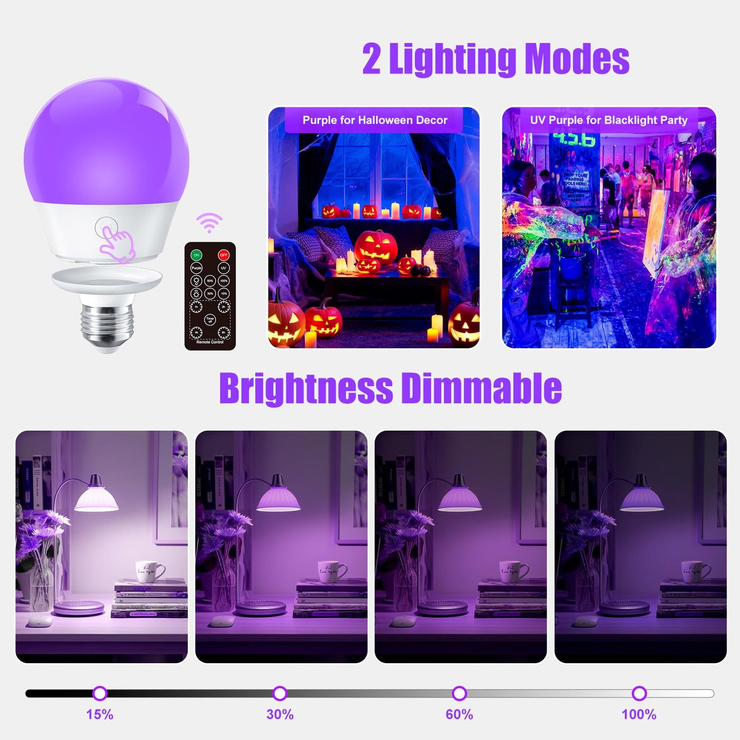 Brightown E26 Rechargeable UV Light Bulbs, 385-400nm, Glow in The Dark, 2 Pack - Purple