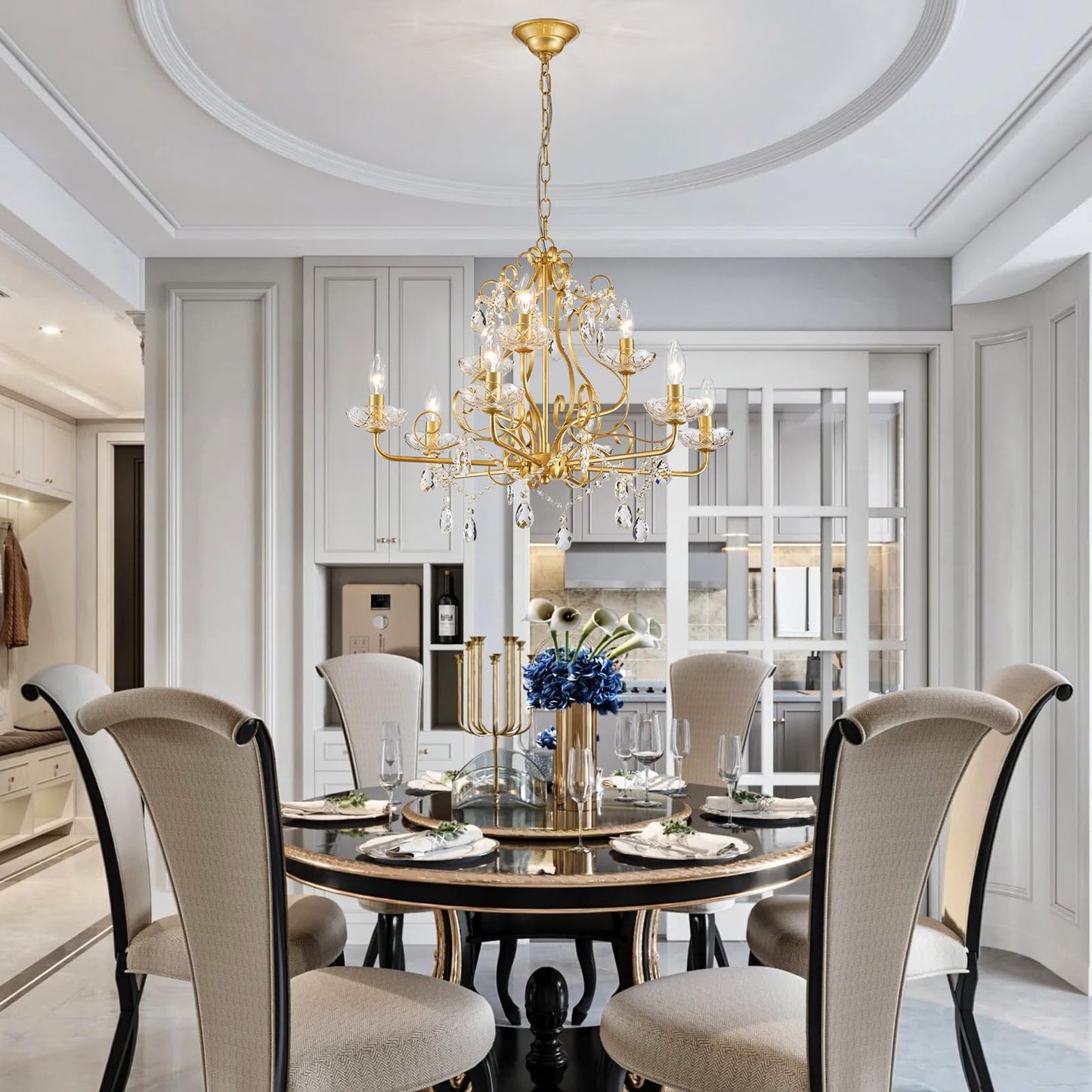 Wuzups 9-Light Crystal Candle Chandelier Pendant Flushmount Ceiling Light Modern Lighting Fixture For Bedroom Hallway Bar Kitchen Bathroom  H 18.1 X W 25.6  Gold  E12 Base
