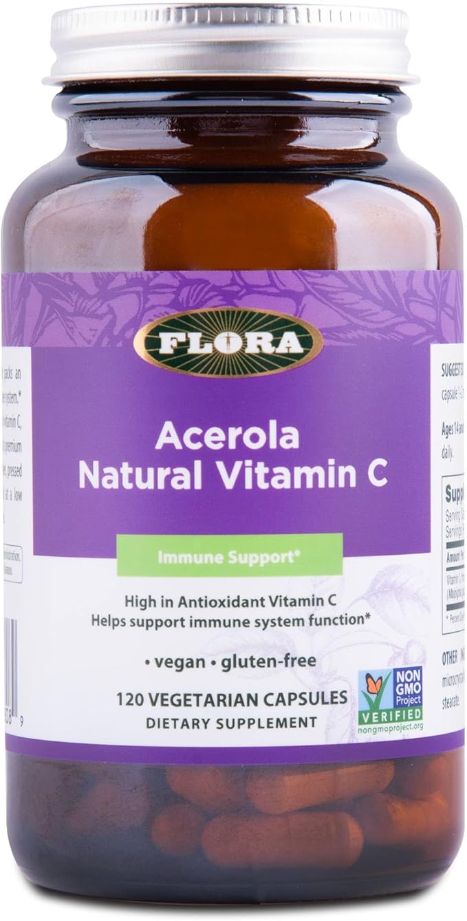 Flora Acerola Natural Vitamin C Capsules - Natural Vitamin C from Organic Acerola Cherry - Antioxidant Punch for Immune Support - Vegan, Non-GMO & Gluten Free - 120 Vegetarian Capsules
