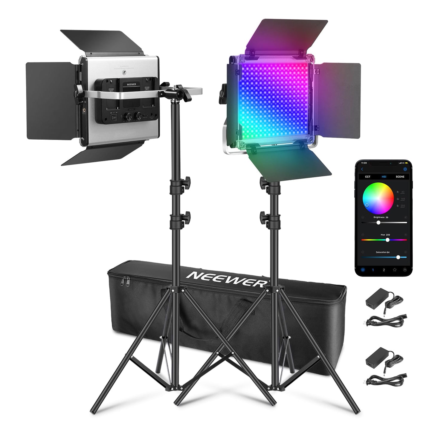 NEEWER Upgraded 660 PRO II RGB LED Video Light with App Control & Tripod Stand Kit, 2 Pack 50W/1% Min Dimming/CRI97+/3200~5600K Key Lighting for Game Streaming YouTube Recording Studio Photography