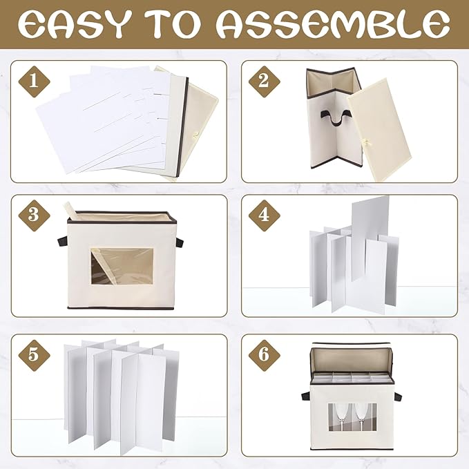 Uiifan 6 Pack Stemware Storage Box Set with Dividers, 12 Compartments Wine Glasses Storage Containers Cases Dust-proof, Transparent Window, Handles for Moving(Beige)