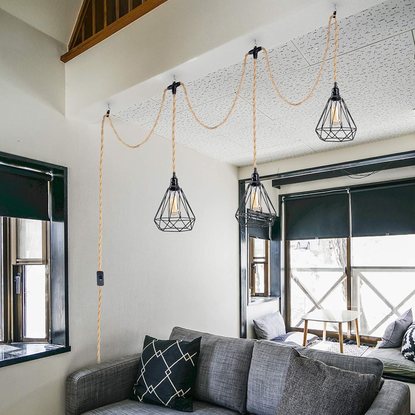 Yiliaw 27Ft 3-Light Plug-In Pendant Light With Hemp Rope, Industrial Style Hanging Lamp For Farmhouse Bedroom Living Room Decor