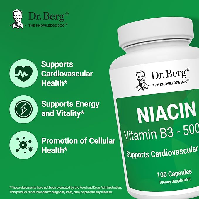 Dr. Berg Niacin 500mg with Flushing for Heart Health & Energy Support* - 100-Day Supply Vitamin B3 Niacin from Dr. Berg Recommended Nicotinic Acid - 100 Capsules