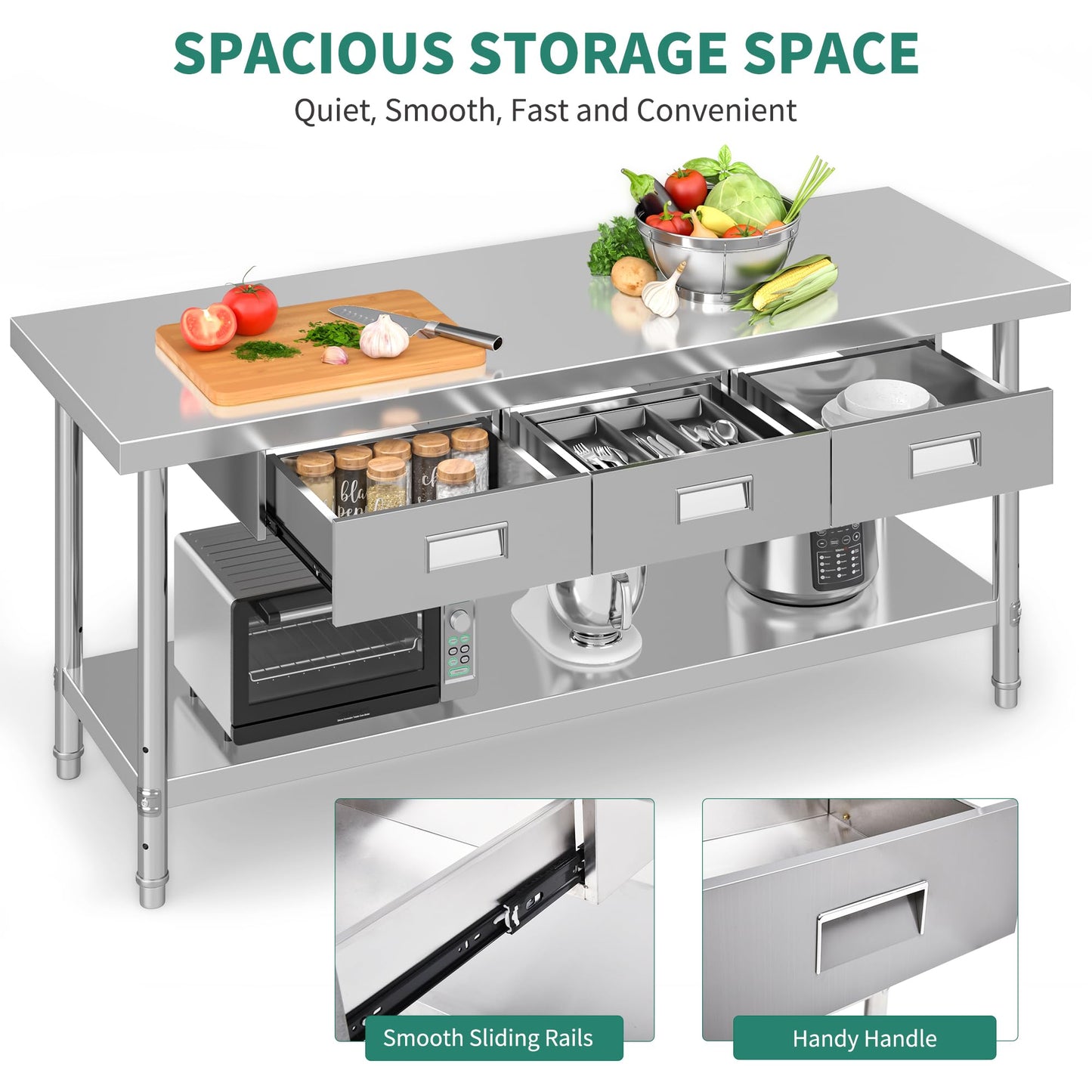 YITAHOME 72" X 24" Stainless Steel Table with 3 Drawers, NSF Work Table with Drawer, Metal Table Prep Table for Home Kitchen Restaurant Garage Warehouse