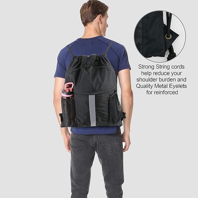 BeeGreen Drawstring Backpack Bag with Shoe Compartment, X-Large Black Gym Sports String Cinch Backpack