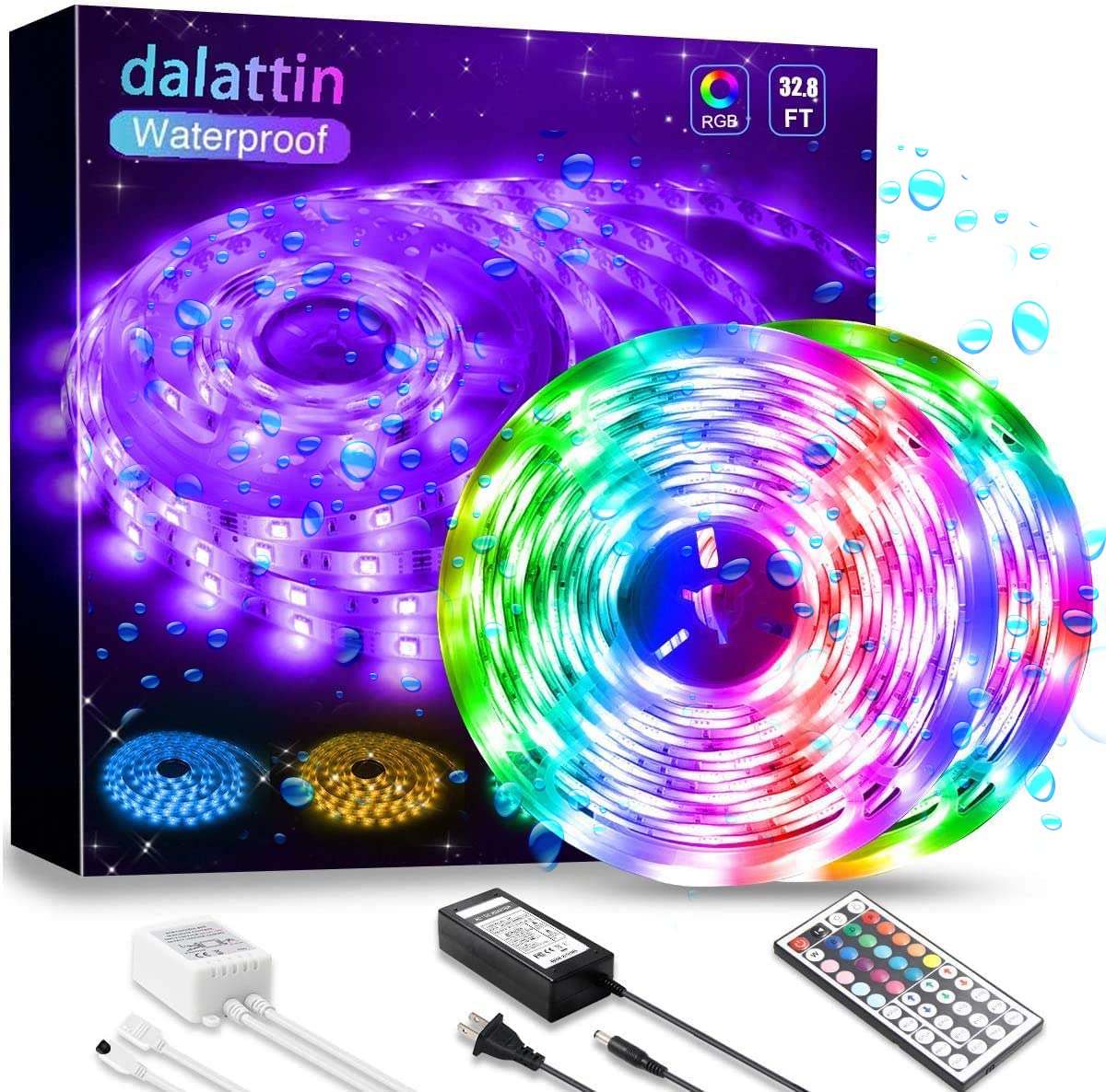 dalattin Waterproof LED Strip Lights 32.8ft RGB 300 LEDs with 44 Keys Remote, Multicolor, Model TB51325044R-RA01