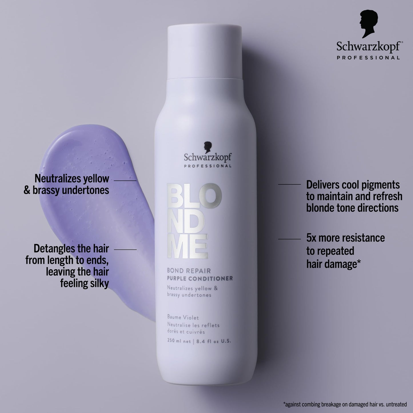 BlondMe Bond Repair Purple Conditioner for Blonde Hair | Neutralizes Yellow & Brassy Tones | Lightweight, Nourishing & Detangles