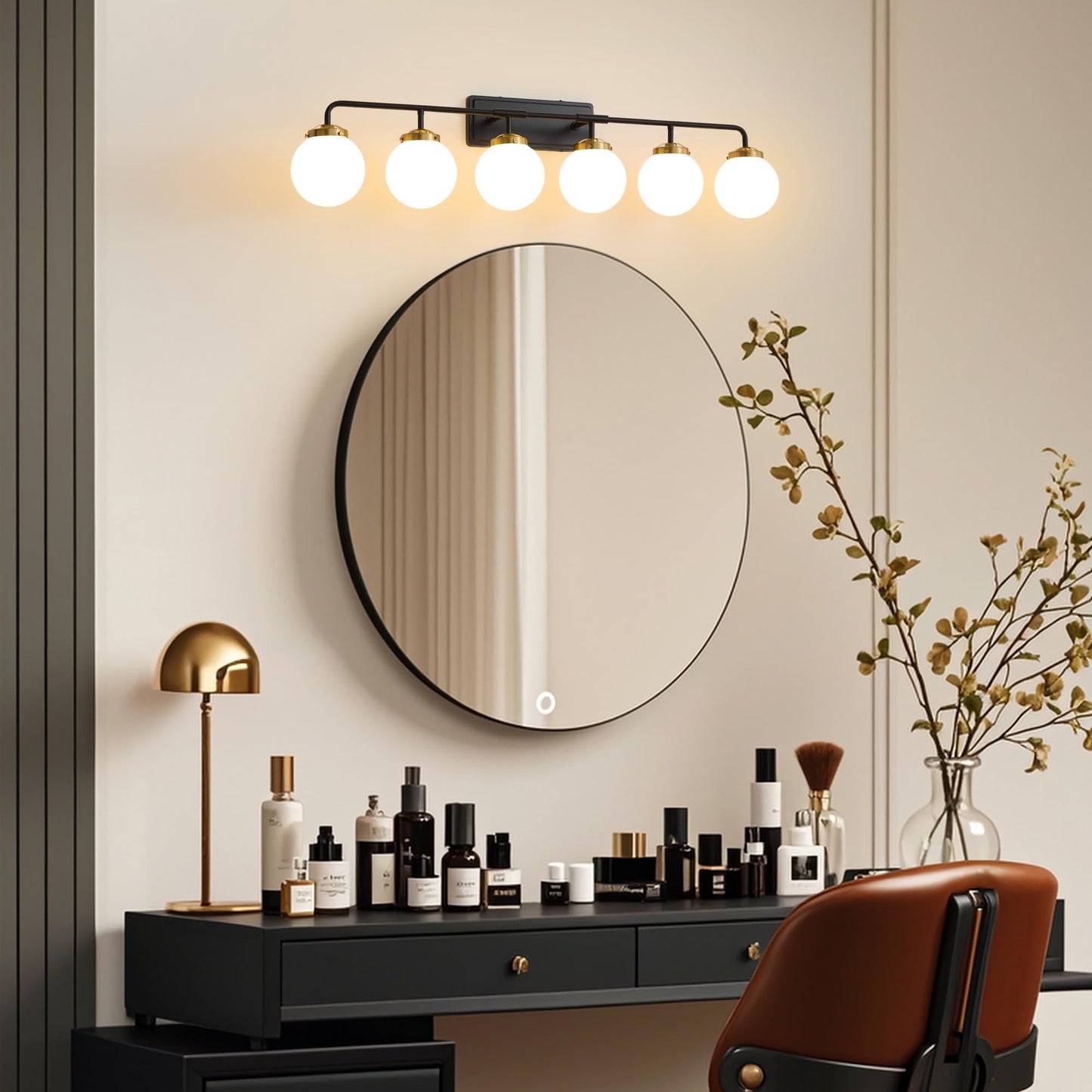 Deyidn Black Gold Bathroom Light Fixtures Over Mirror  Modern Vanity Lighting With Milk White Glass Globe Shades 6-Light Farmhouse Wall Sconce