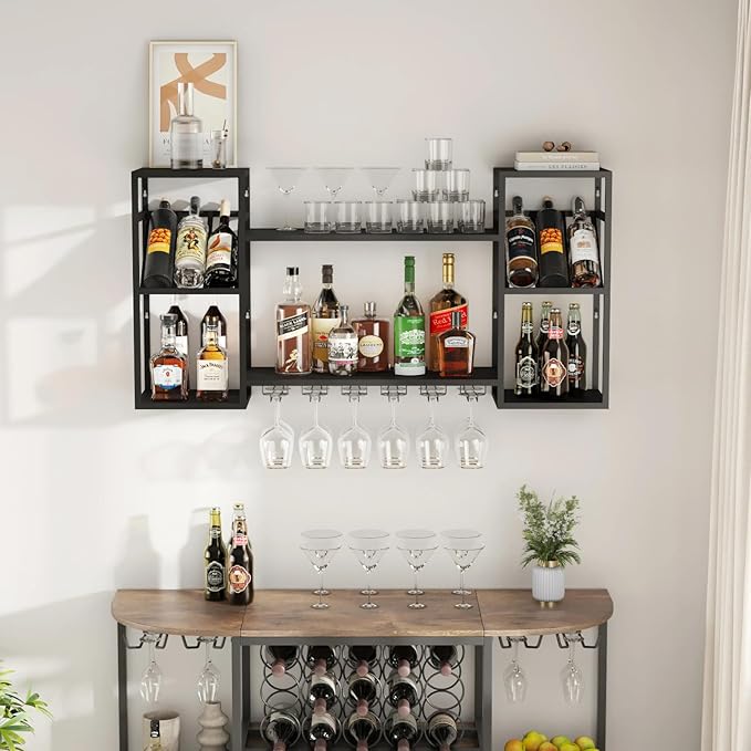 Wall Mounted Wine Rack, Multi Functional Bar Shelves for Liquor Bottles with Glass Holder, Modern Metal Bar Shelves Wall Mounted for Home Bar, Kitchen