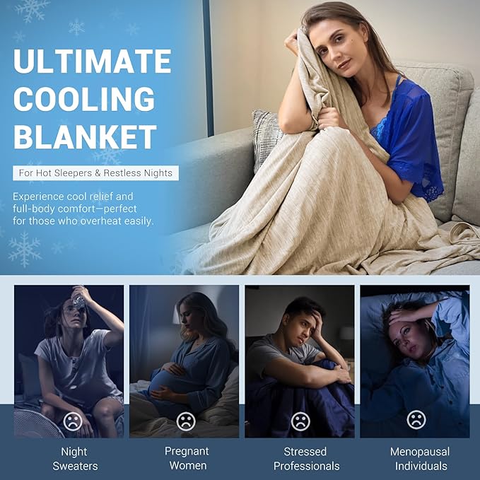 Elegear Revolutionary Cooling Blanket Throw Absorbs Heat to Keep Body Cool for Night Sweats, Arc-Chill 3.0 Cool Fiber Q-Max>0.5 for Hot Sleepers, Lightweight Summer Cold Blankets for Sleeping, Beige
