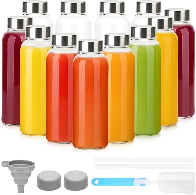 10 oz Clear Glass Bottle with Lid, Reusable Glass Water Bottles with Stainless Steel Cap & Straws for Juicing, Milk, Ginger & Smoothies, Refrigerator, Leak-Proof, Juice Containers Set of 12