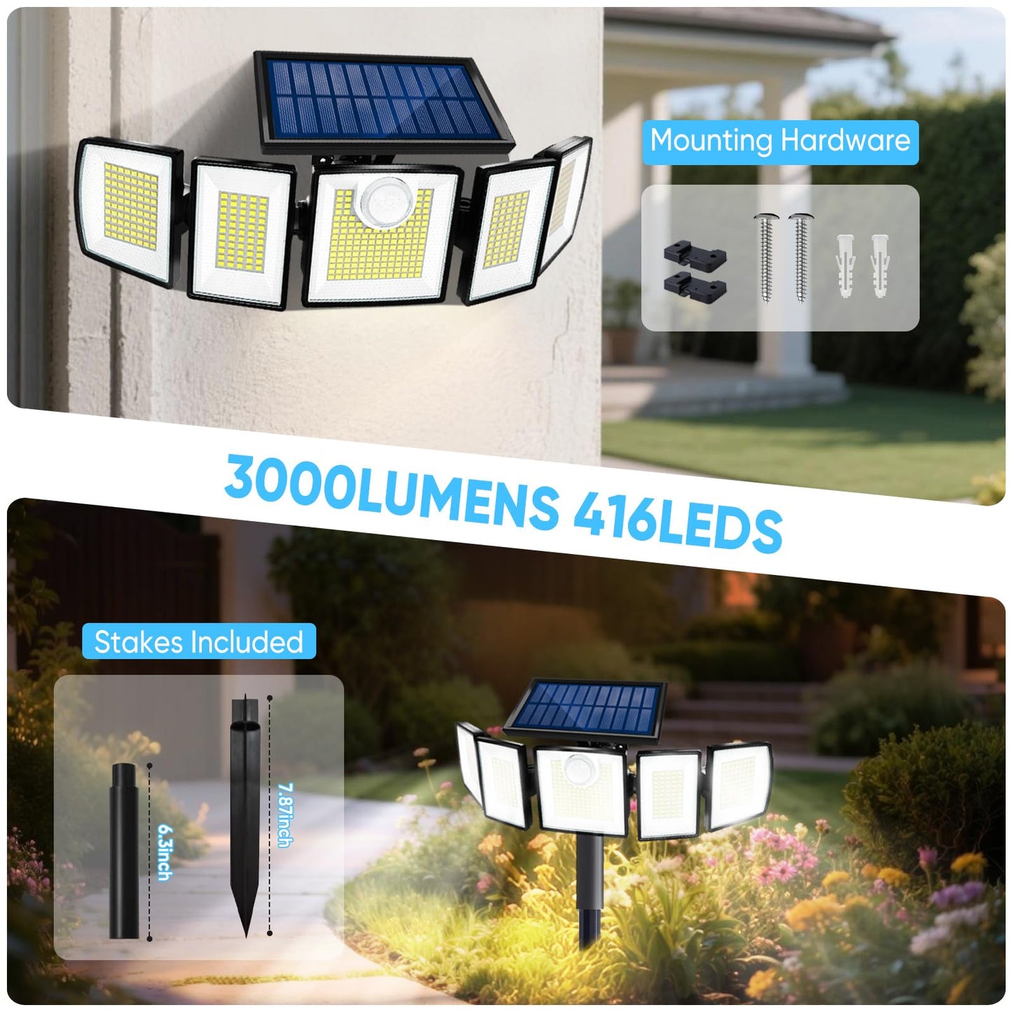 MDCMDCM Solar Lights Outdoor Motion Sensor - 416 LEDs, 3000 Lumens, 3 Modes, 2 Pack with Stake, Black, Model LY-SL-DWT-B-