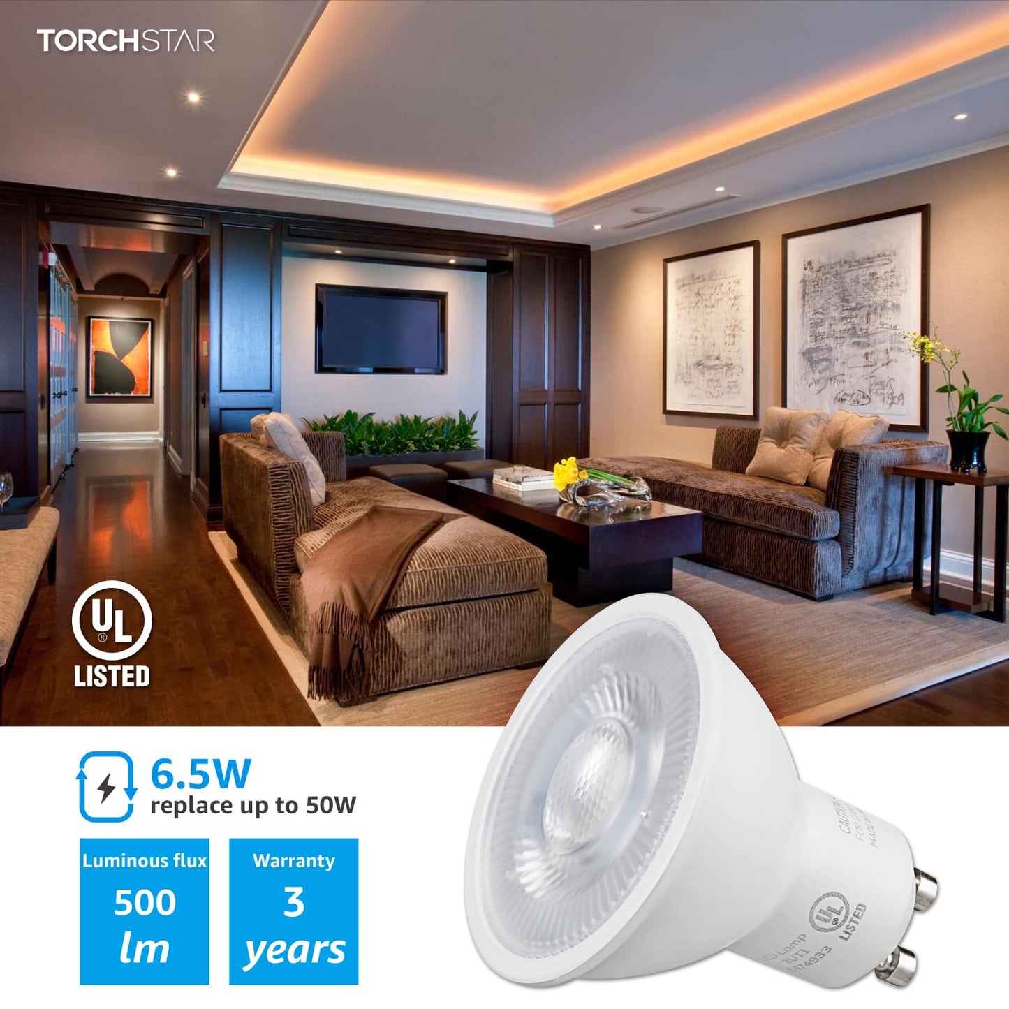 TORCHSTAR GU10 LED Bulbs Dimmable 500LM 3000K Warm White 6 Count Polycarbonate Model ZD1GU10-6W30-6P