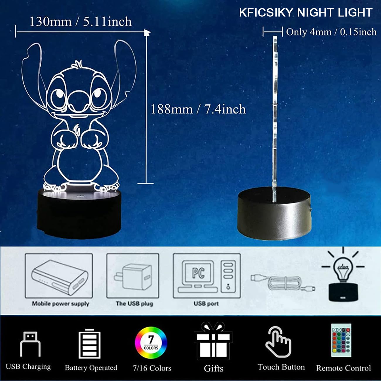 Kficsiky Stitch Night Light  Stitch Gifts For Girls  Lilo And Stitch Light 16 Colors Conversion With Remote Touch 3D Led Stitch Lamp  Stitch Gifts For Boys Christmas Gifts
