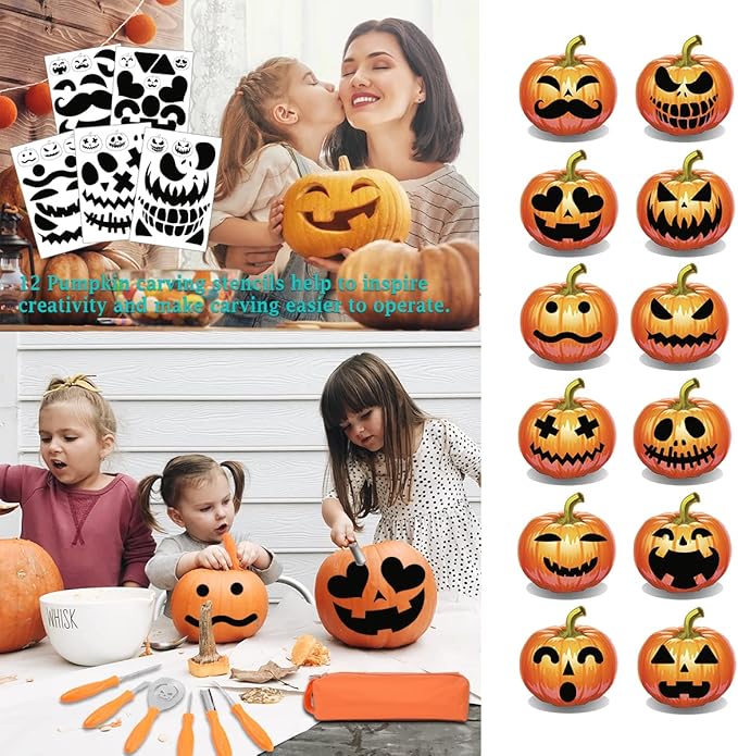 Upgraded 18 PCS Pumpkin Carving Kit Halloween Professional Heavy Duty Punkin Carver Knives and Tools with Carrying Case for Adults & Kids with Professional Sculpting Set