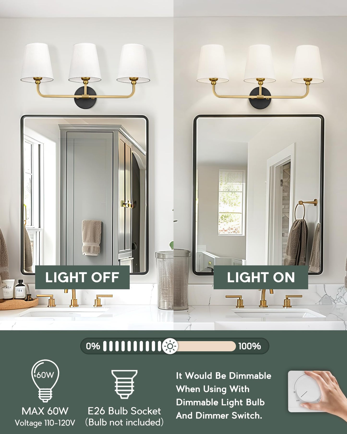 Metwet Bathroom Light Fixtures  Black And Gold Vanity Lights With Flared White Fabric Shade  3-Light Wall Sconce  Modern Sconces Wall Lighting For Hallway Bedroom  Vl837-Kg-3