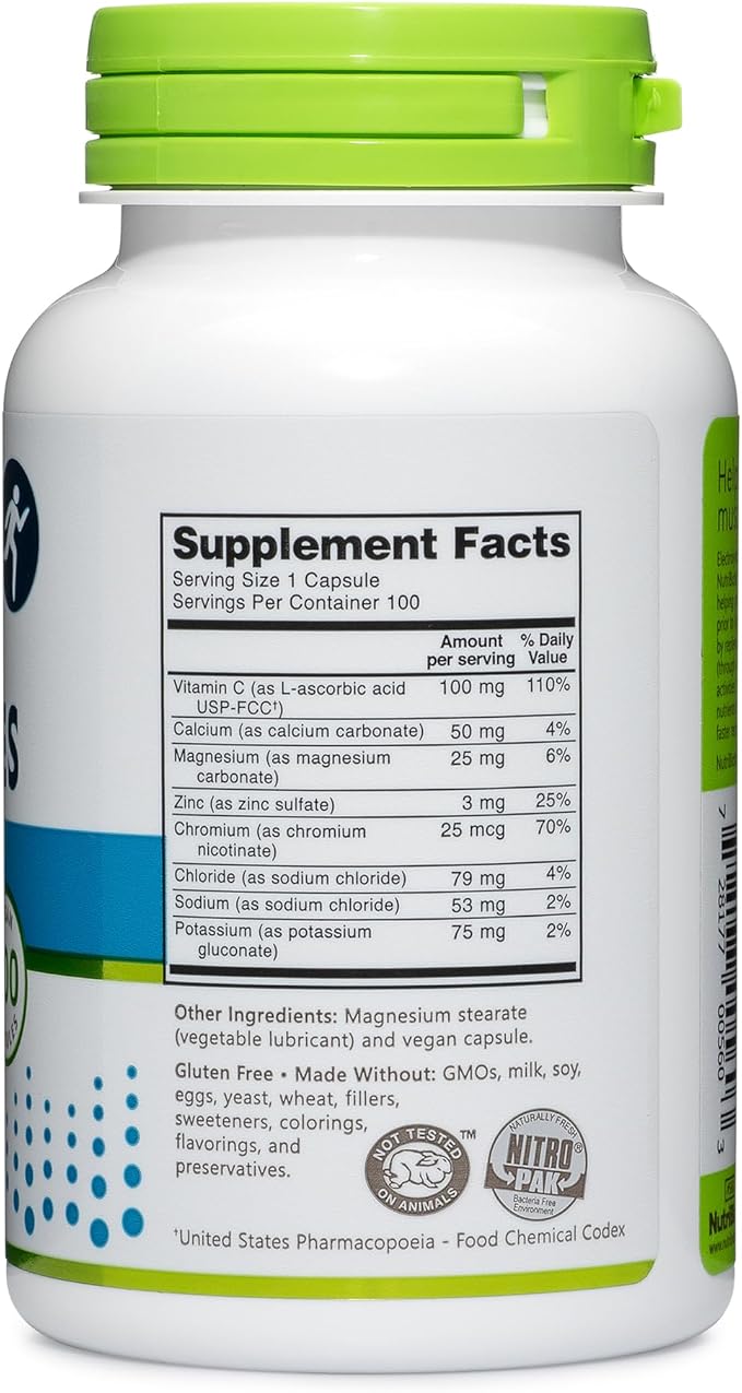NutriBiotic Essential Electrolytes, 100 Ct Capsules | Supports Increased Performance & Faster Recovery | Pharmaceutical Grade Vitamin C with Electrolytes for Rehydration | Vegan, Gluten-Free & Non-GMO