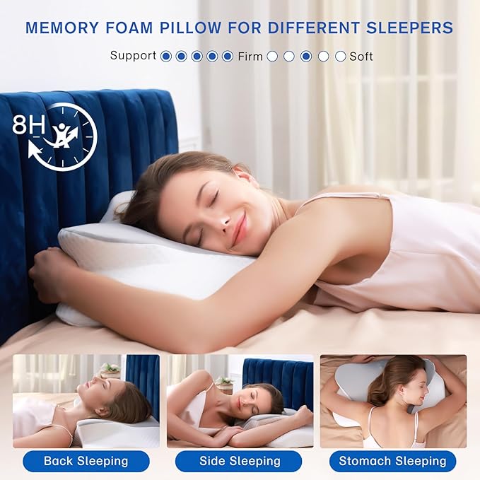 Cervical Neck Pillow for Sleeping, Height Adjustable Ergonomic Pillow Cozy Sleeping, Medium-Firm Memory Foam Pillows, Contour Bed Pillow for Side Back Stomach Sleepers, Light Grey (Queen Size)