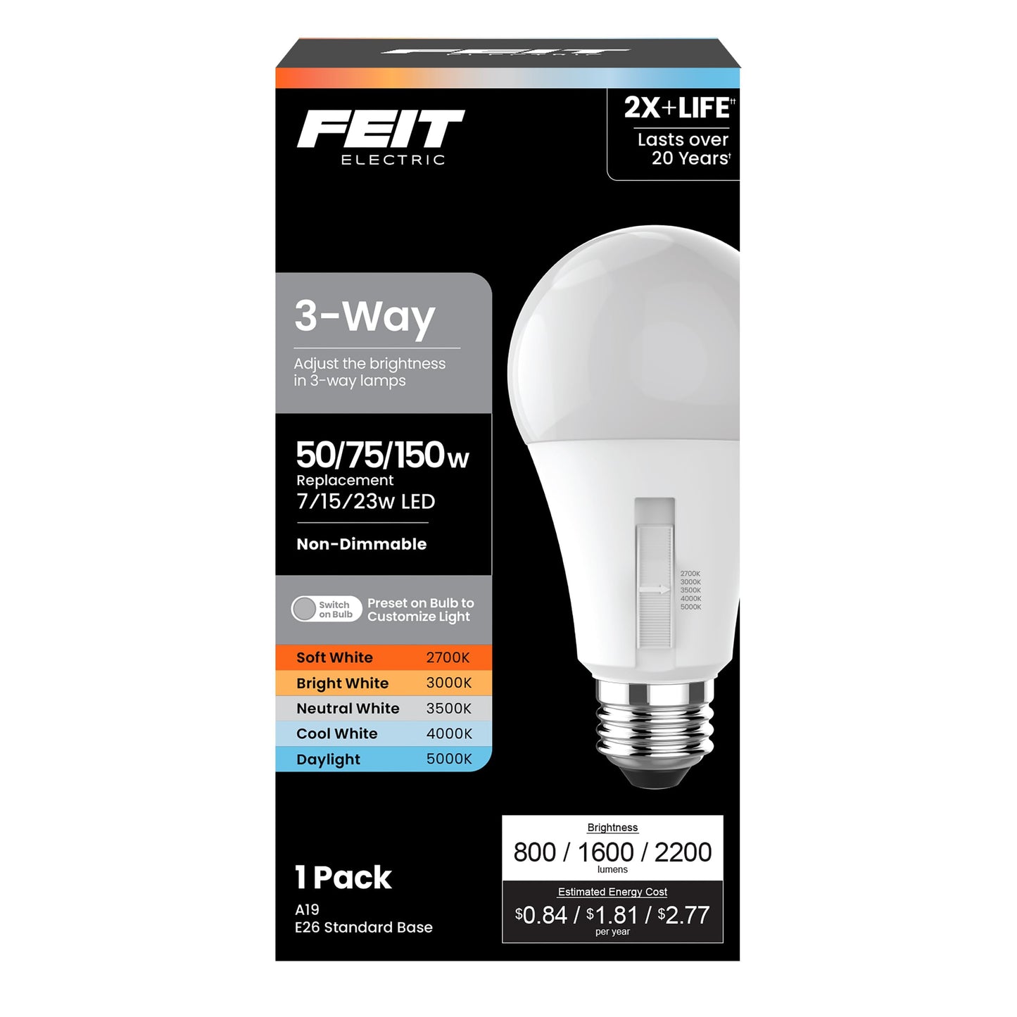 Feit Electric 3-Way A19 LED Light Bulb, 50/75/150W Equivalent, 5CCT Adjustable White (2700K–5000K), 1600 Lumens, Dimmable, 25,000-Life Hours, Energy Saving for Lamps & Fixtures, OM50/150/5CCTCA