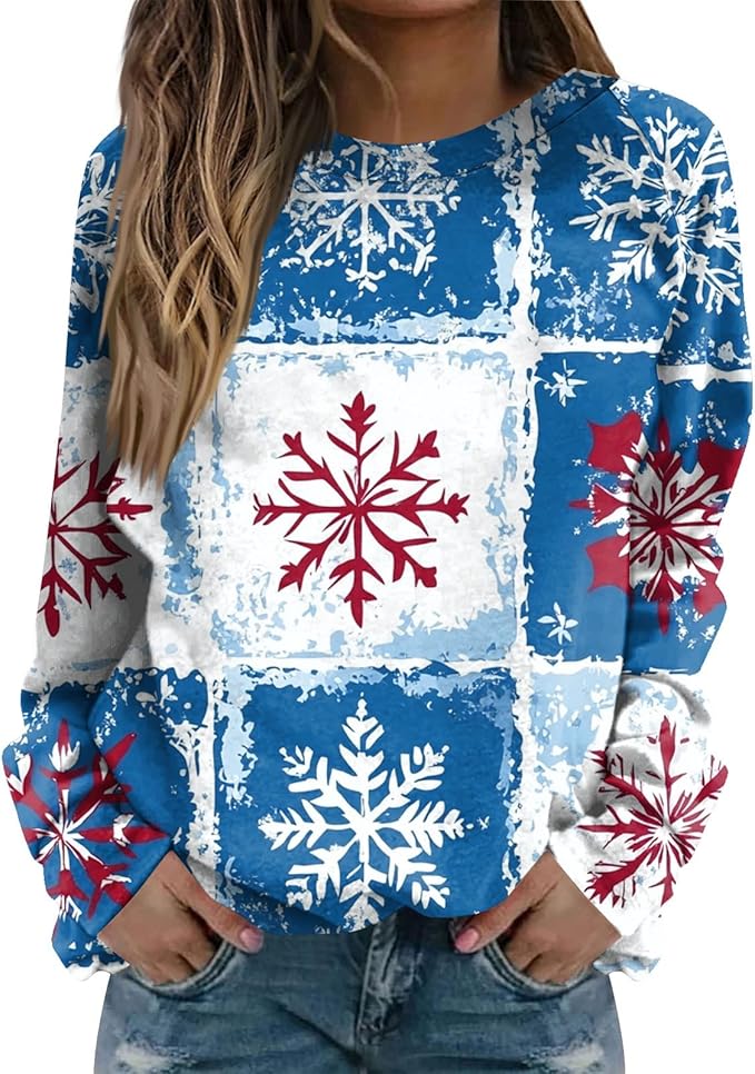 Christmas Sweatshirts For Women Funny Holiday T Shirts Long Sleeve Snowflake Funny Cute Pullover Sweatshirts Xmas Tree