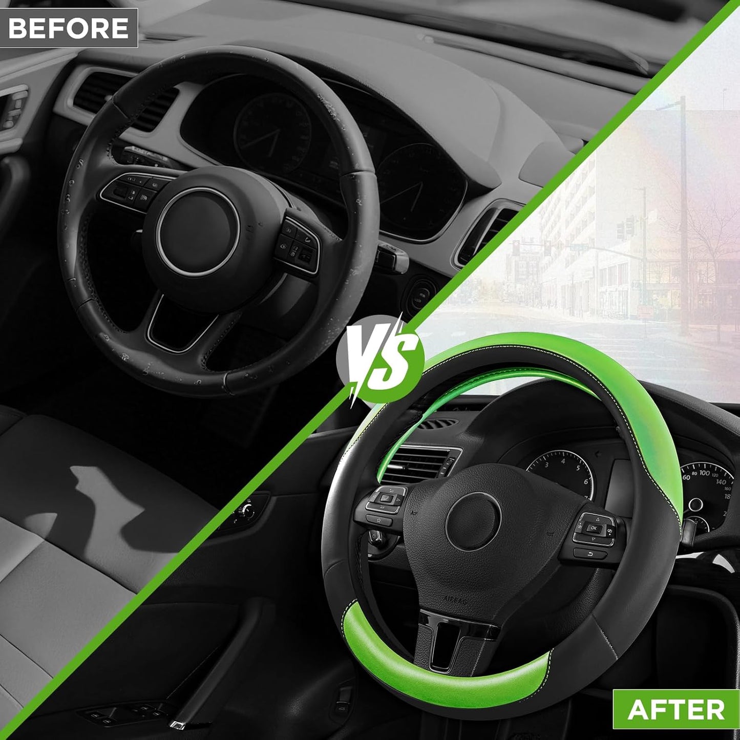 Road Comforts Steering Wheel Cover – Breathable Leather Steering Wheel Cover, Anti-Slip Grip, Universal Fit 14.5” to 15”, Heat & Cold Resistant for Cars, SUVs, and Trucks – Black & Shining Green
