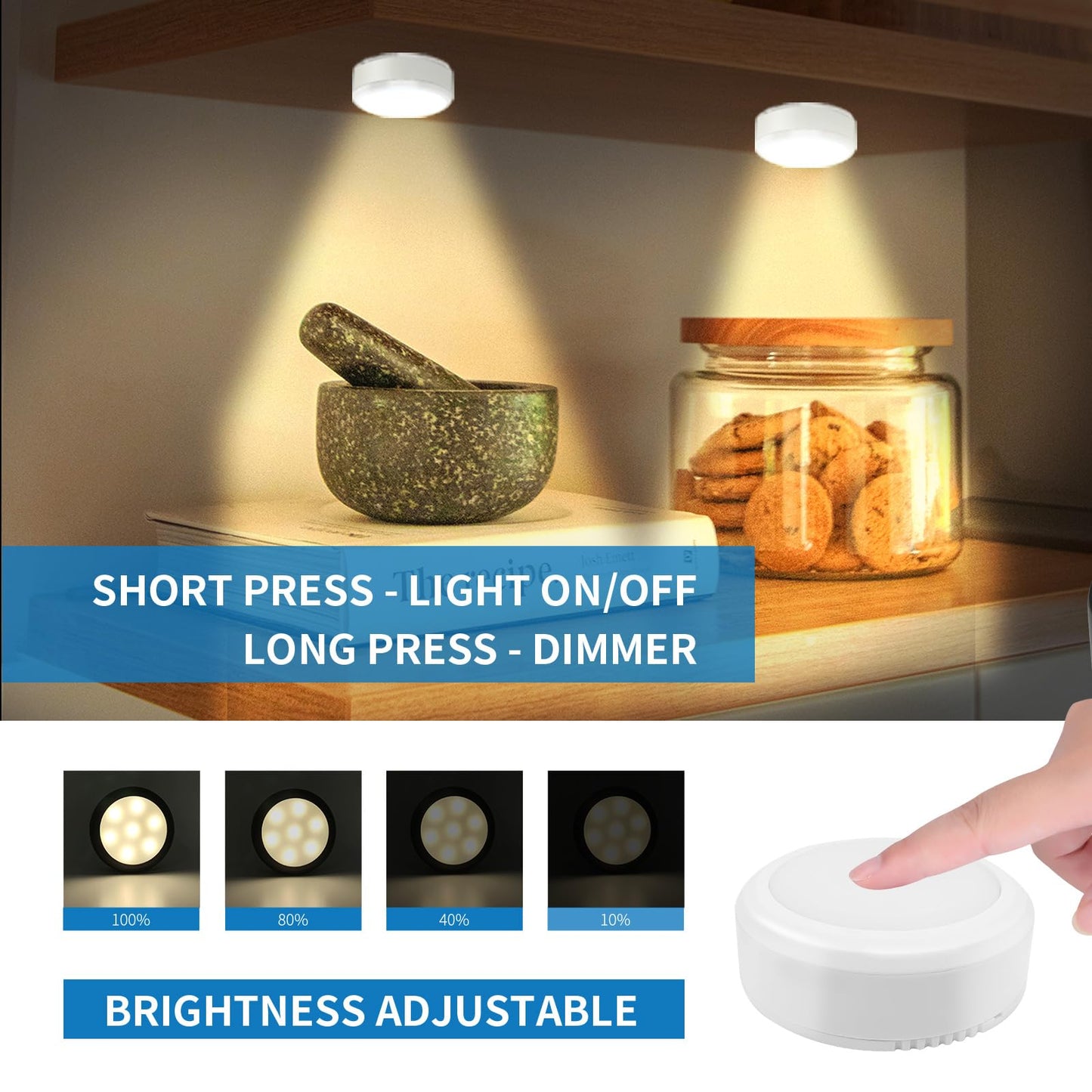 LEASTYLE Puck Lights with Remote, Battery Operated, Dimmable Timer, 3000K, White, 3 Pack, Model 009
