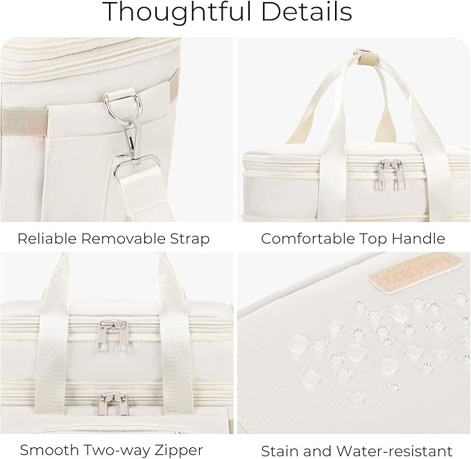 Lunch Box for Men Women - Double Deck Insulated Lunch Bag, Large Leak Proof Tote Cooler, Wide Open Dual Compartment Lunch Bags with Shoulder Strap, For Work Picnic Hiking Beach, Beige