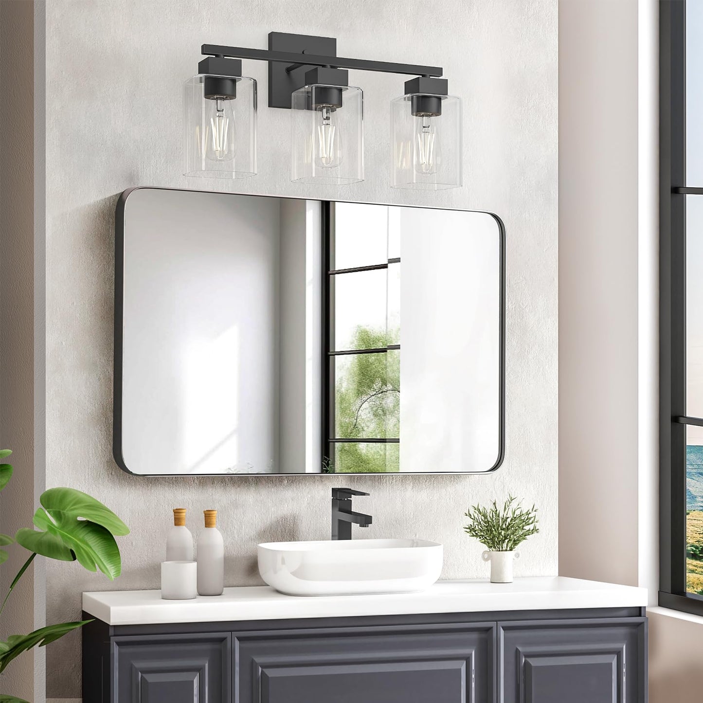 Espird Matte Black Bathroom Vanity Light, 3-Light Vanity Lighting fixtures Over Mirror, Square Design & UL Certification, Wall Sconces with Clear Glass Shades, E26 Socket (Bulbs Not Included)
