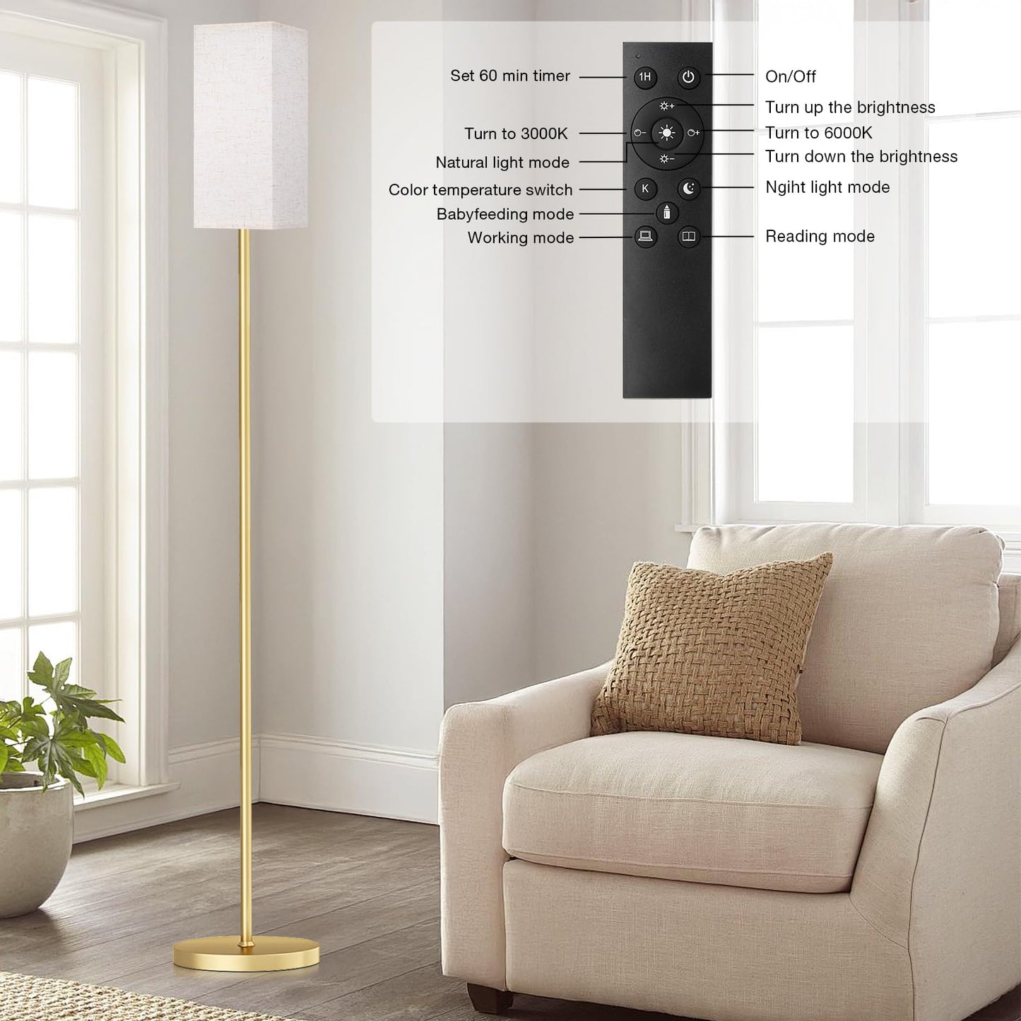 Ambimall Remote Control Floor Lamp, 64in Tall, Stepless Dimmable, Metal, Light Beige & Gold, Includes 9W Bulb, 2 Packs