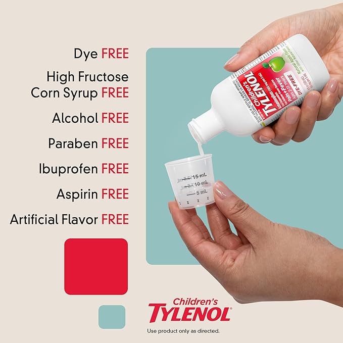 Children's Tylenol Liquid Pain Relief & Fever Medicine, Acetaminophen Oral Suspension, Dye-Free, Aspirin-Free, Ibuprofen-Free, High Fructose Corn Syrup-Free; Natural Apple Flavor, 8 fl. oz
