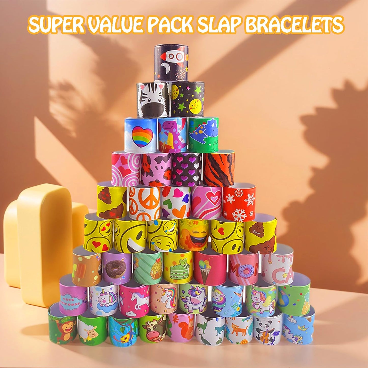 60 PCS Slap Bracelets for Kids, Christmas Gifts Colorful Bulk Wristbands with Animals, Galaxy, Dinosaurs, Donut, Party Favors, C