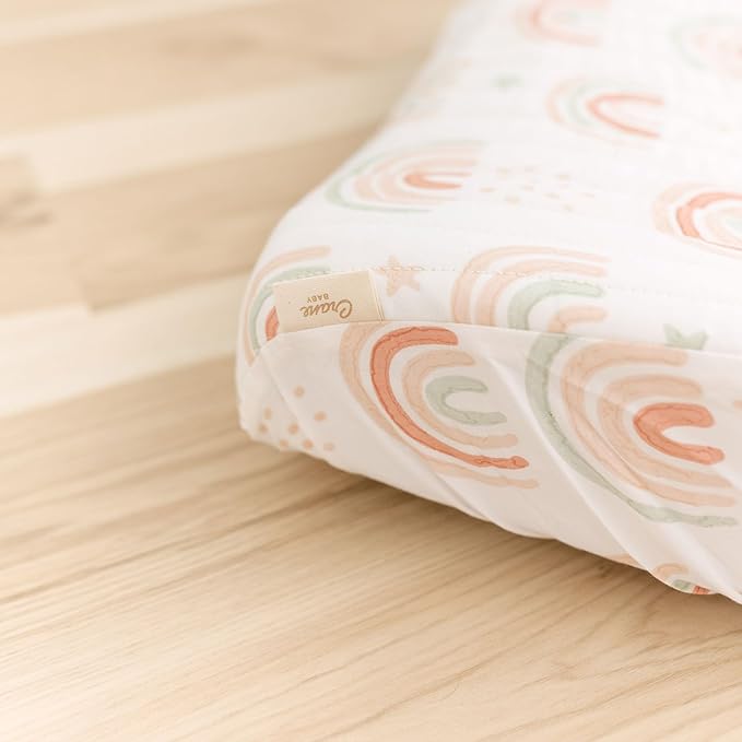 Crane Baby Quilted Changing Pad Cover, 100% Cotton Sateen, 16 X 32, Secure Elastic Fit, Machine Washable, Pink Rainbow Nursery Decor for Girls