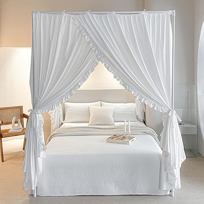 AIKASY Princess Canopy Bed Curtains with Top Ties - Windproof & Lightproof for Girls' Adult Bedroom Decor | Bed Canopy Drapes (Queen,White)