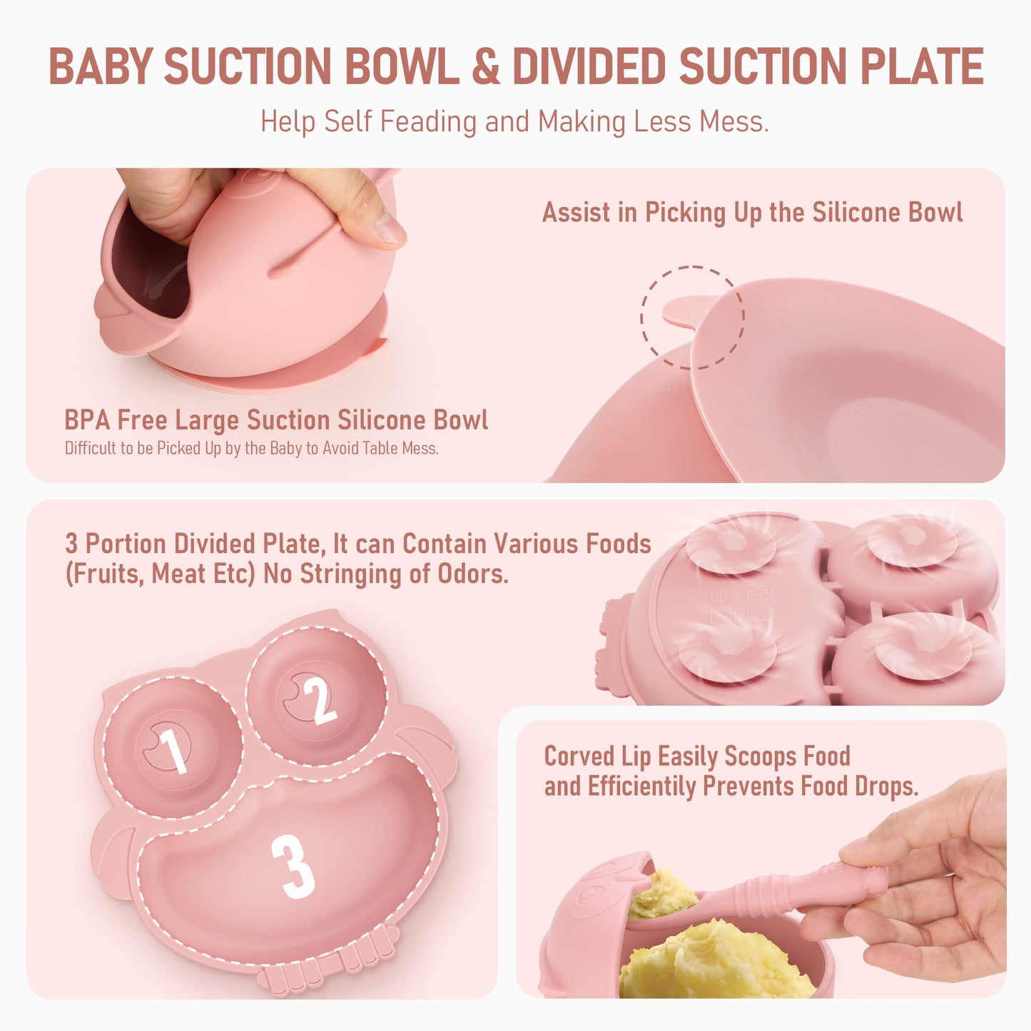 Bnditeu Baby Weaning Set - Silicone Toddler Feeding Set (10 Pcs) with Adjustable Bib, Suction Bowl, Plate, Fork, Spoon, Water & Snack Cup Kit - Baby Led Weaning Kit