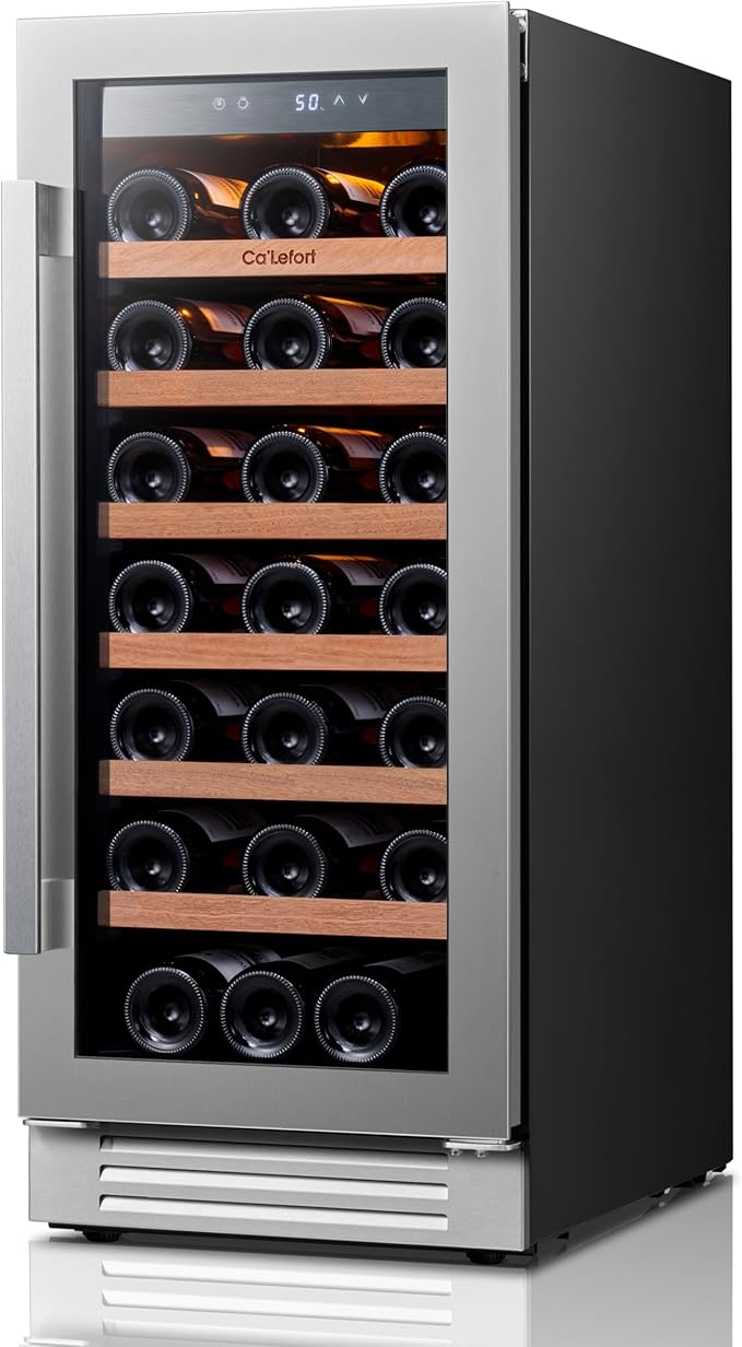 Ca'Lefort 15 Inch Wine Cooler Refrigerator, 33 Bottles Wine Coolers with Glass Door, 3 LED Built-in Compressor Fridge with Adjustable Shelves for Home Office Bar (3.0 cu.ft)