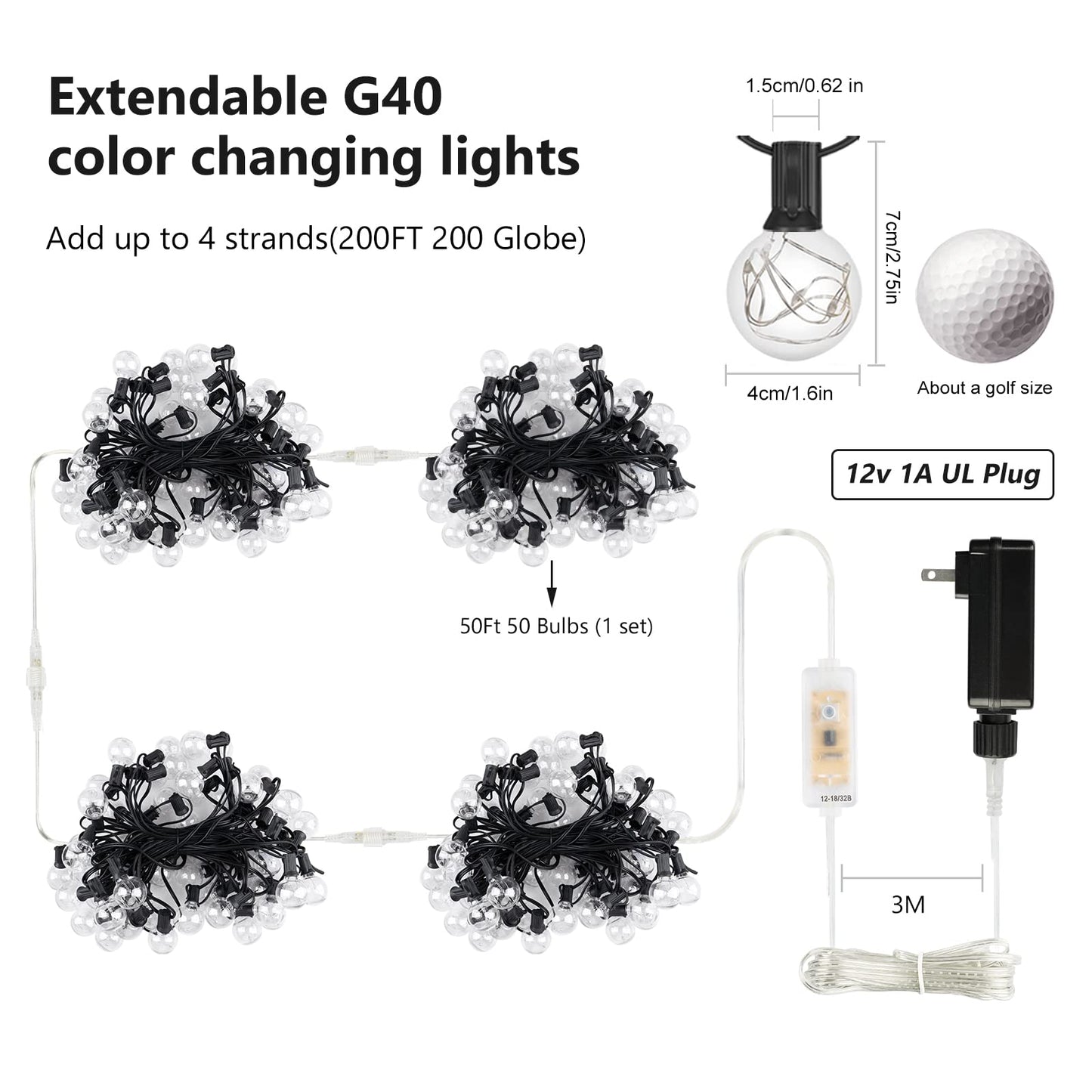 Omika 50Ft Waterproof Outdoor String Lights, 50+2 Dimmable G40 Bulbs, 18 Colors Changing, Connectable For Patio & Backyard Parties