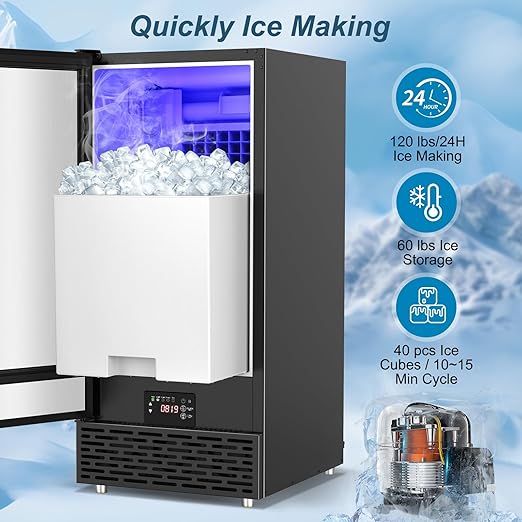 Commercial Ice Maker Machine 120 LBS/24H, 40 Ice Trays 60 LBS Cold Preservation Bin for 4-6 H, Freestanding Undercounter Ice Maker Stainless Steel, Ice Machine for Restaurant Bar Kitchen Cafe, Black