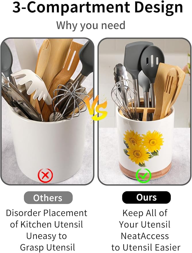 HAPPY KIT 7.6″ Extra Large Kitchen Utensil Holder, 360° Rotating Utensil Holder for Kitchen Counter with 3 Removable Compartment, Housewarming Gift & Farmhouse Decor(Sunflower)