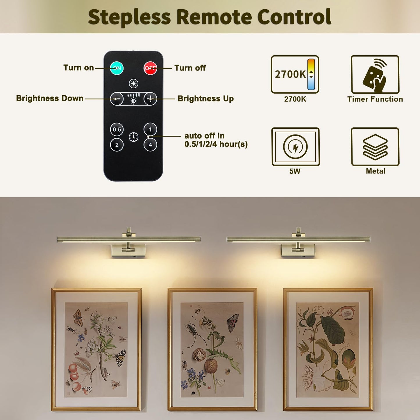 DESOOP Wireless Picture Light with Remote, Timer, 24 Inch, Antique Bronze, Model 7115
