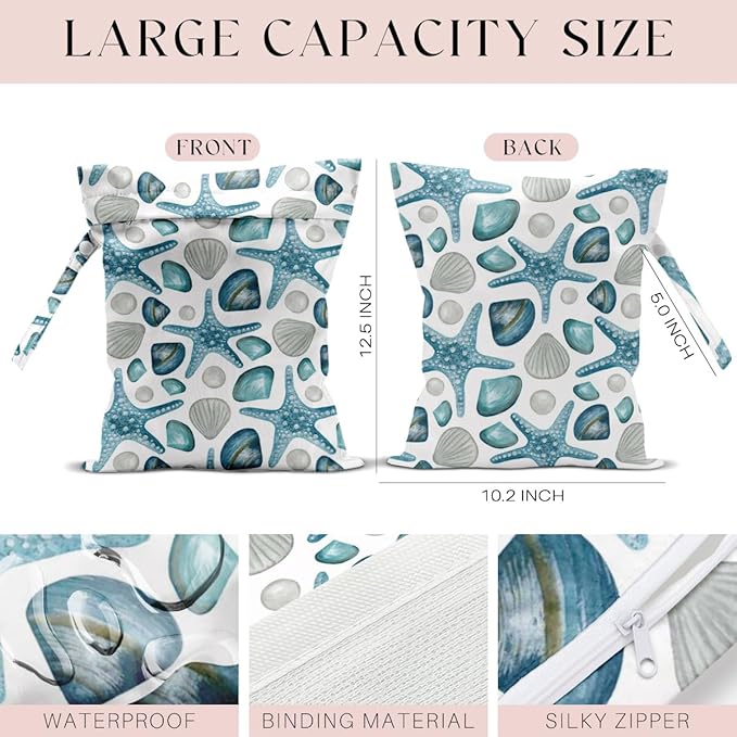 4Pcs Waterproof Wet Bag for Swimsuit, Travel Beach Wet Dry Bag, Hidden Zipper Reusable Shell Starfish Crab Decor, for Travel Beach Wet Swimsuits Toiletries Diapers Laundry Bag
