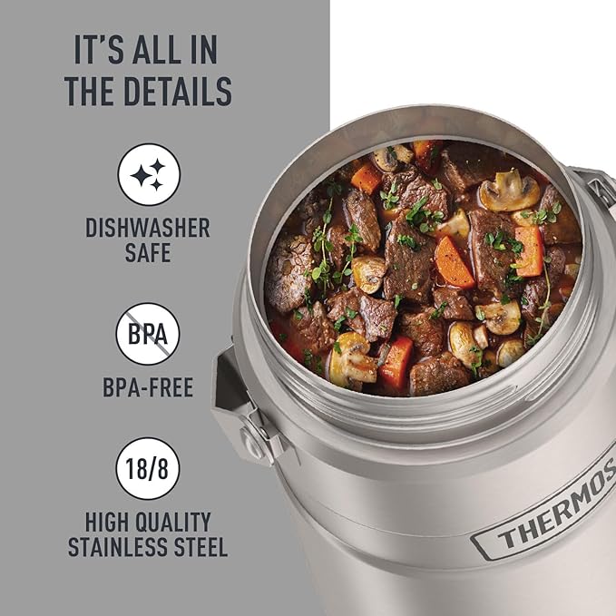 THERMOS Stainless King Vacuum-Insulated Food Jar with 2 Storage Container Inserts, 47 Ounce, Matte Steel