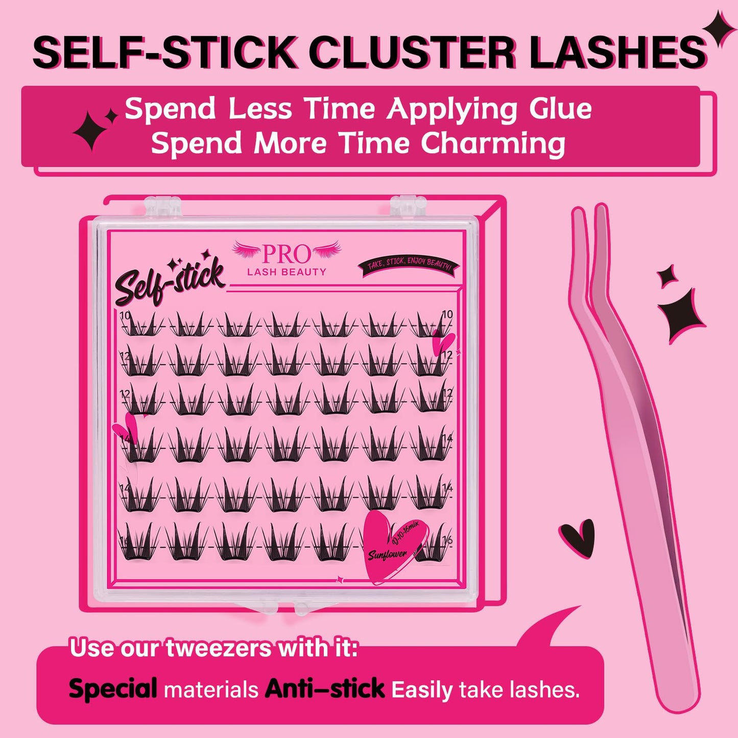 PRO Self Adhesive False Eyelashes,Lash Clusters No Glue Needed Pre Glued No Remover,1 applicator,Easy to Apply, Curved-Thin Band