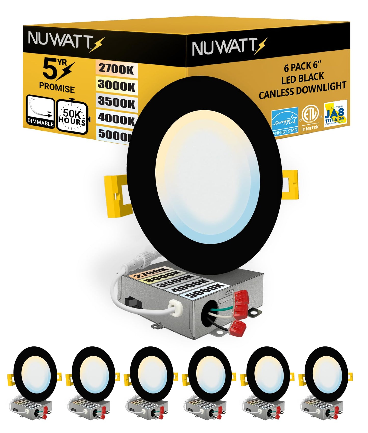 Nuwatt 6 Pack  6 Inch Ultra Thin Black Led Recessed Lighting  5Cct 2700K/3000K/3500K/4000K/5000K Selectable  High Brightness 1050 Lumens  Dimmable Canless Slim Wafer Light  Ic Rated  Metal J-Box  Etl