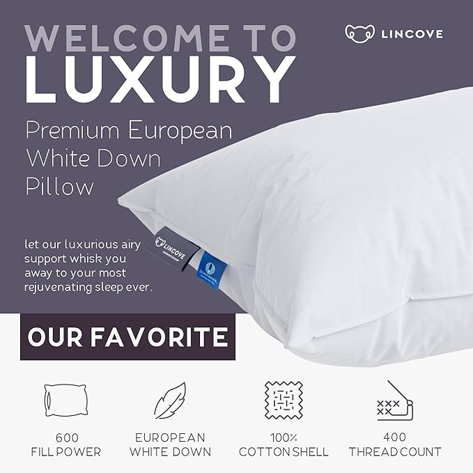 Lincove 100% European Down Venus Pillow – German Down 600 Fill Power, 400 Thread Count Shell, Made in Canada, | Luxe Collection, Standard - Medium