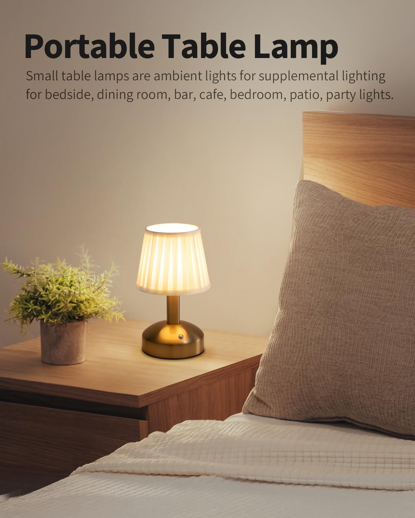 Kdg Modern Cordless Small Table Lamp, Led Fabric Shade, 5000Mah Battery, Gold & White, Model Amz-Tbl-012-Dg